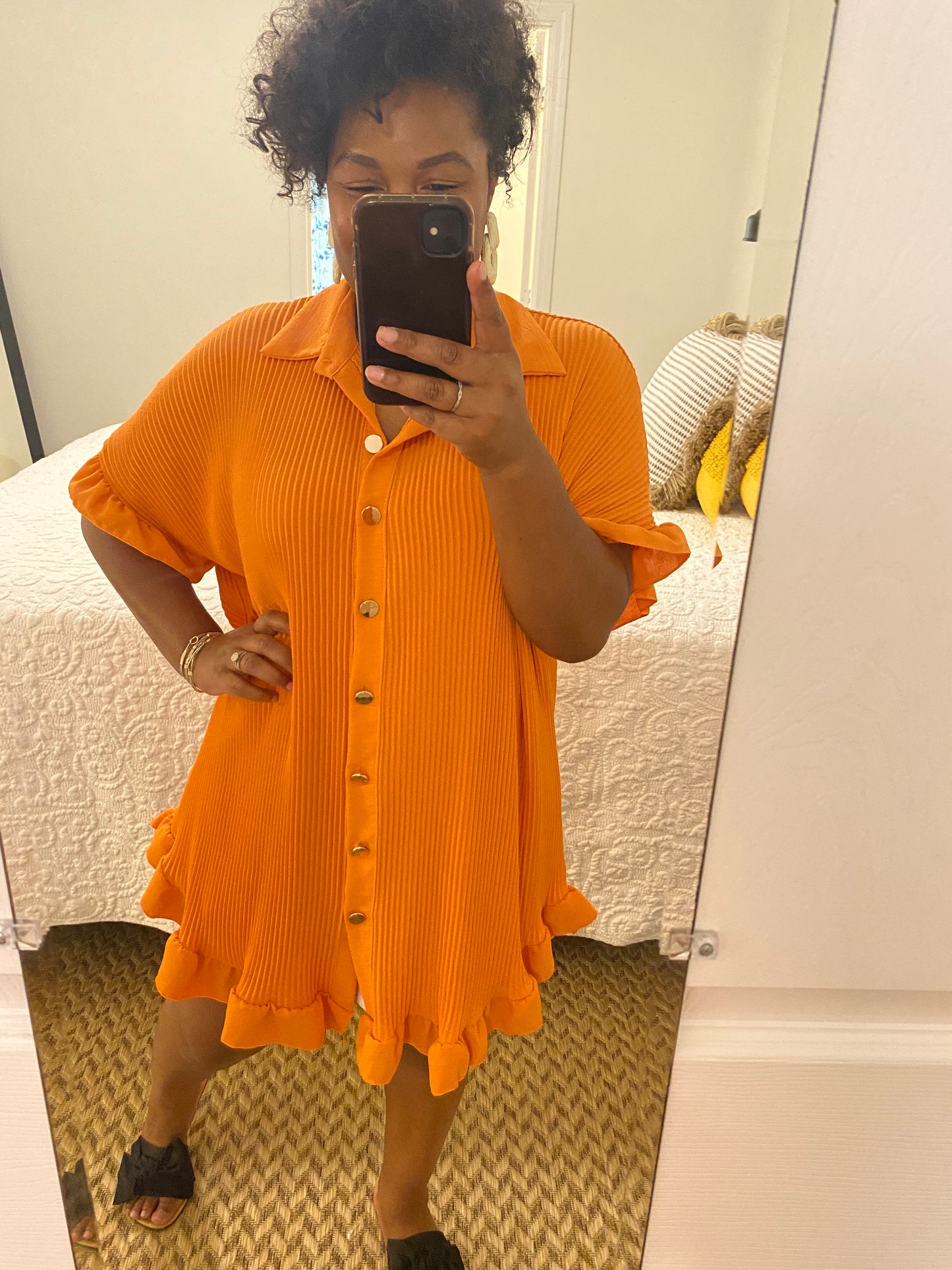 Ruffle Crinkle Dress - Orange