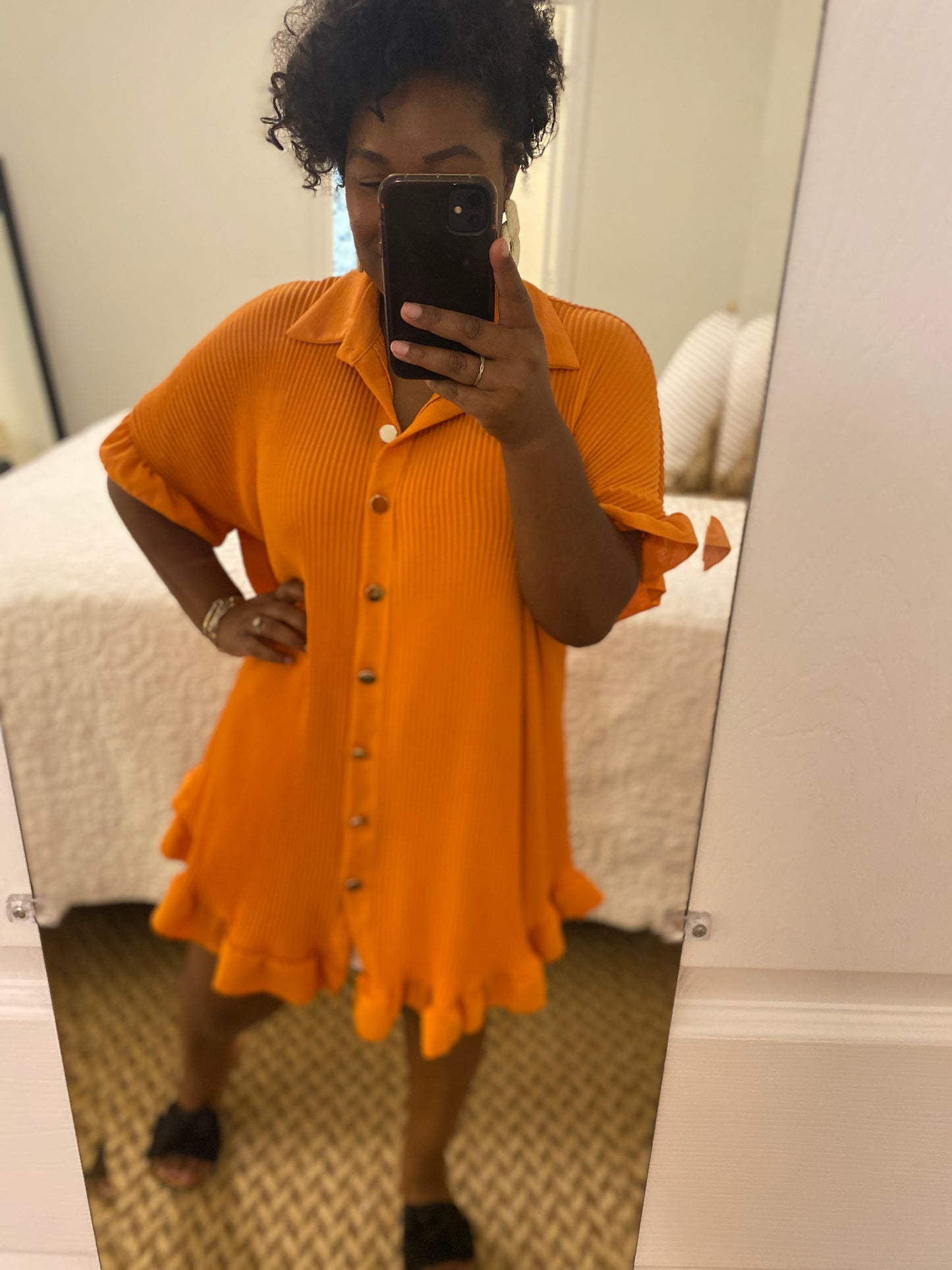 Ruffle Crinkle Dress - Orange