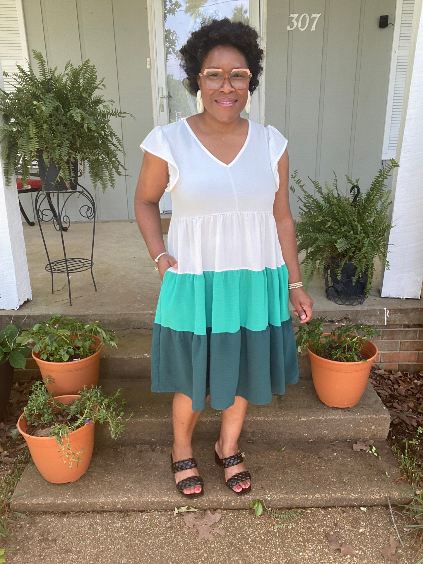 Ivory & Green Color Block Dress