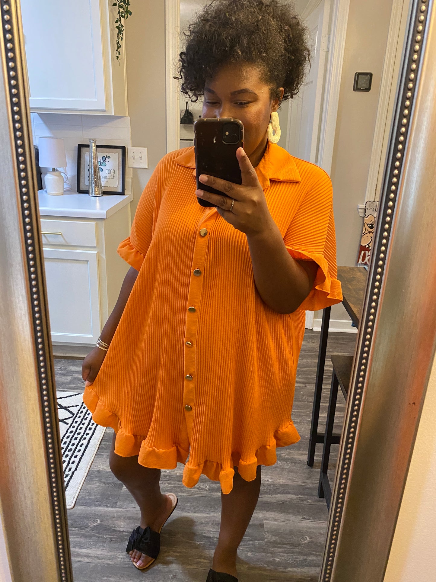 Ruffle Crinkle Dress - Orange