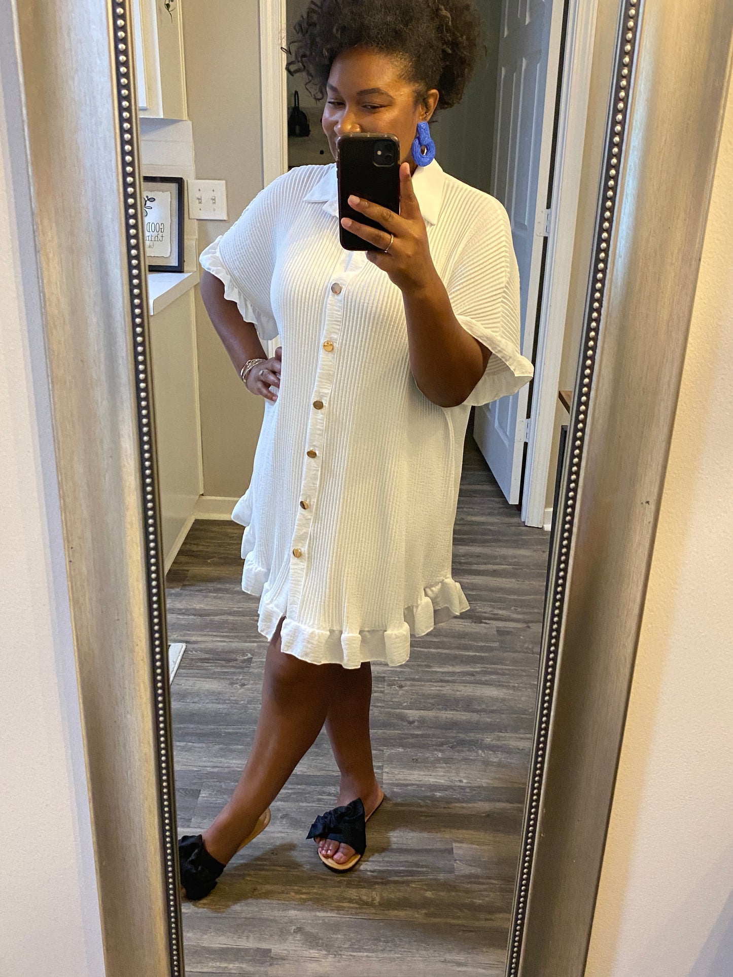 Ruffle Crinkle Dress - White