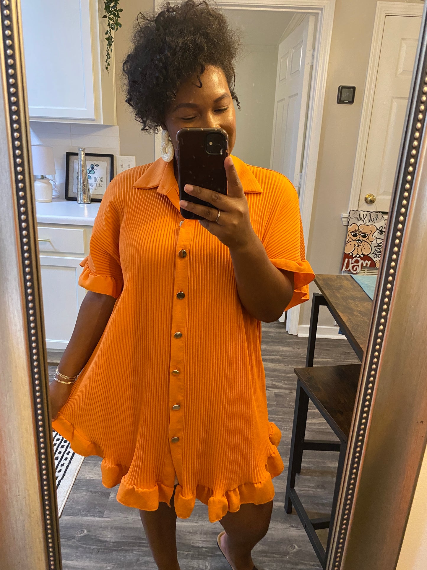 Ruffle Crinkle Dress - Orange