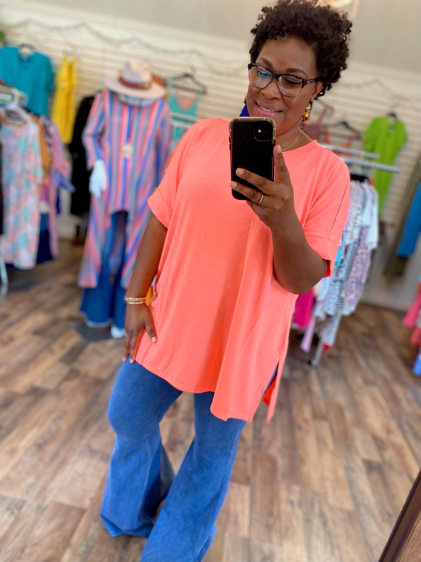 Coral Rolled Sleeve Top