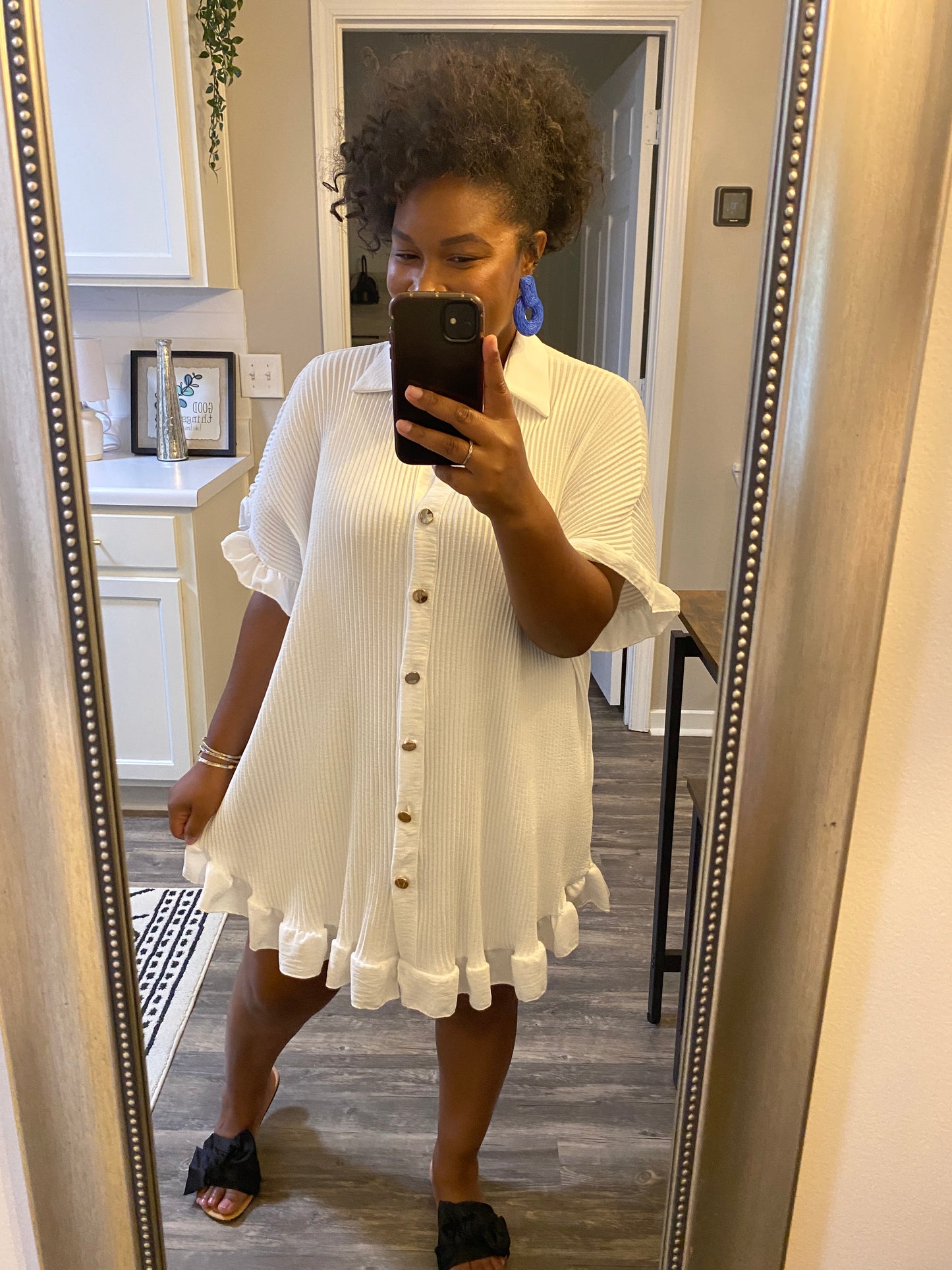 Ruffle Crinkle Dress - White