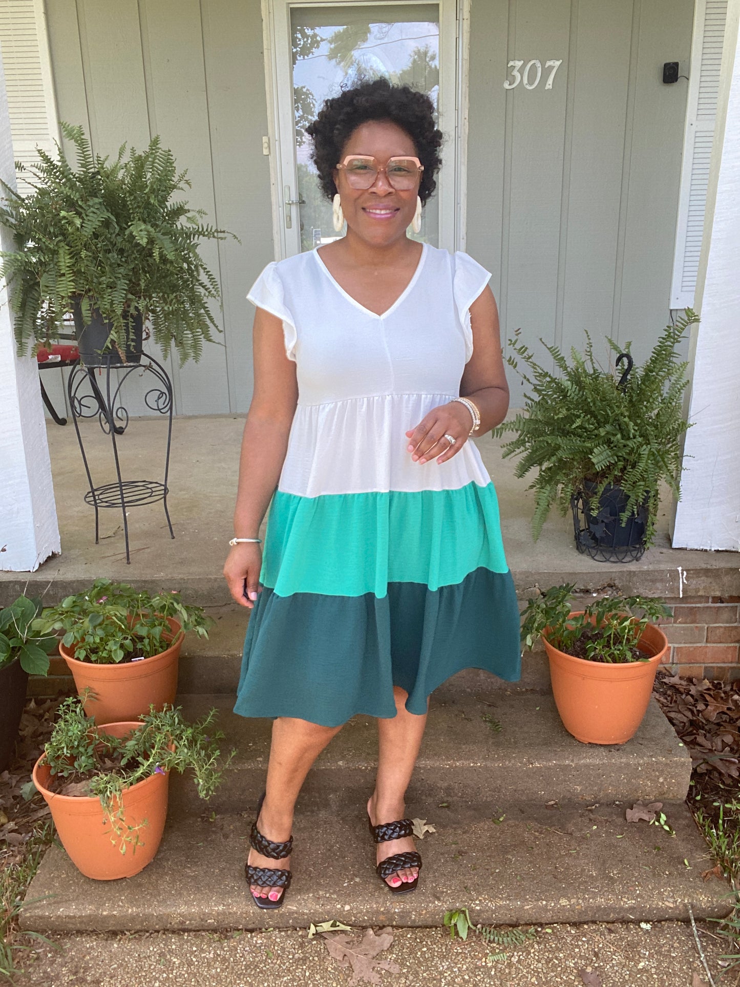 Ivory & Green Color Block Dress