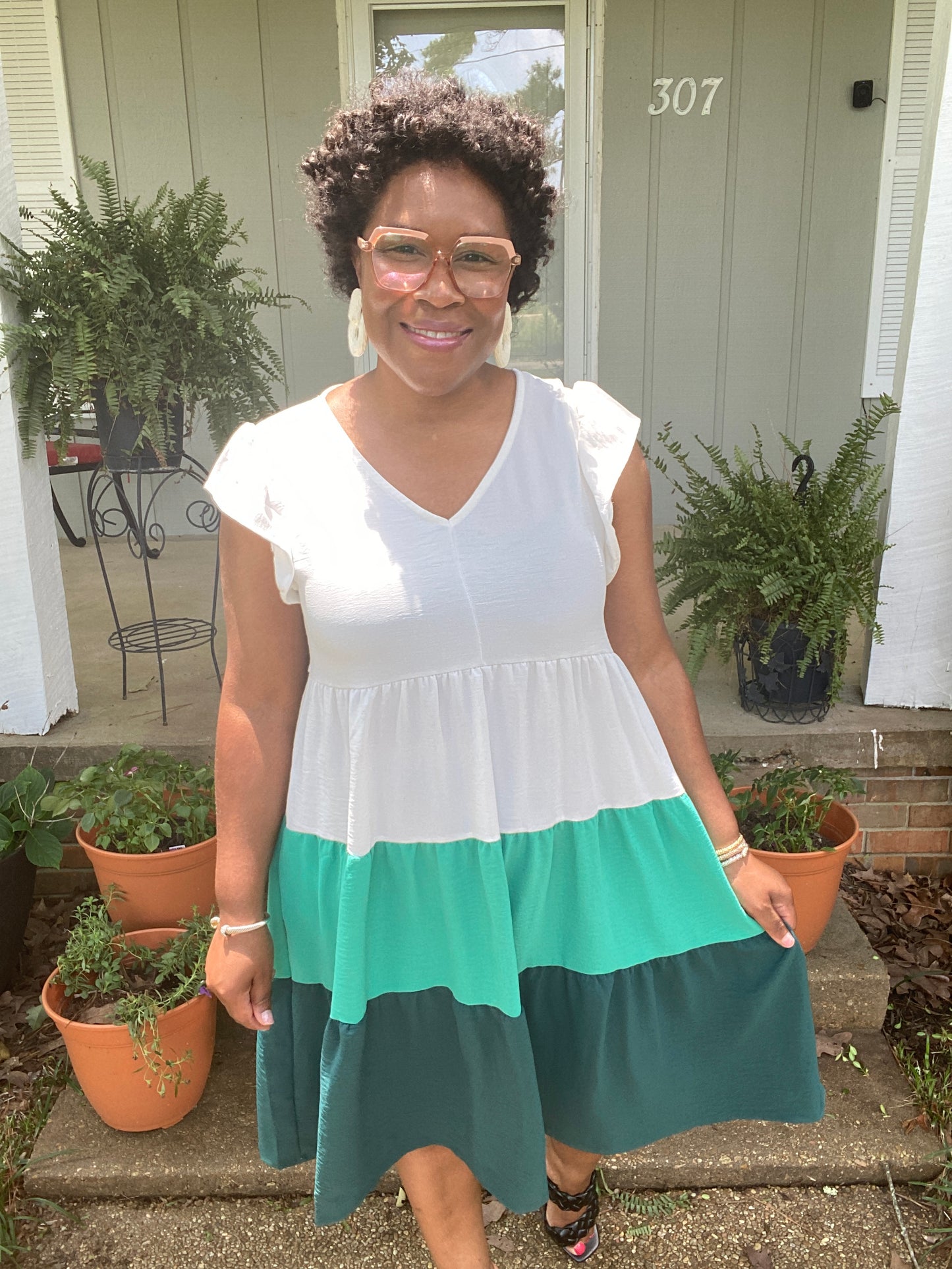 Ivory & Green Color Block Dress