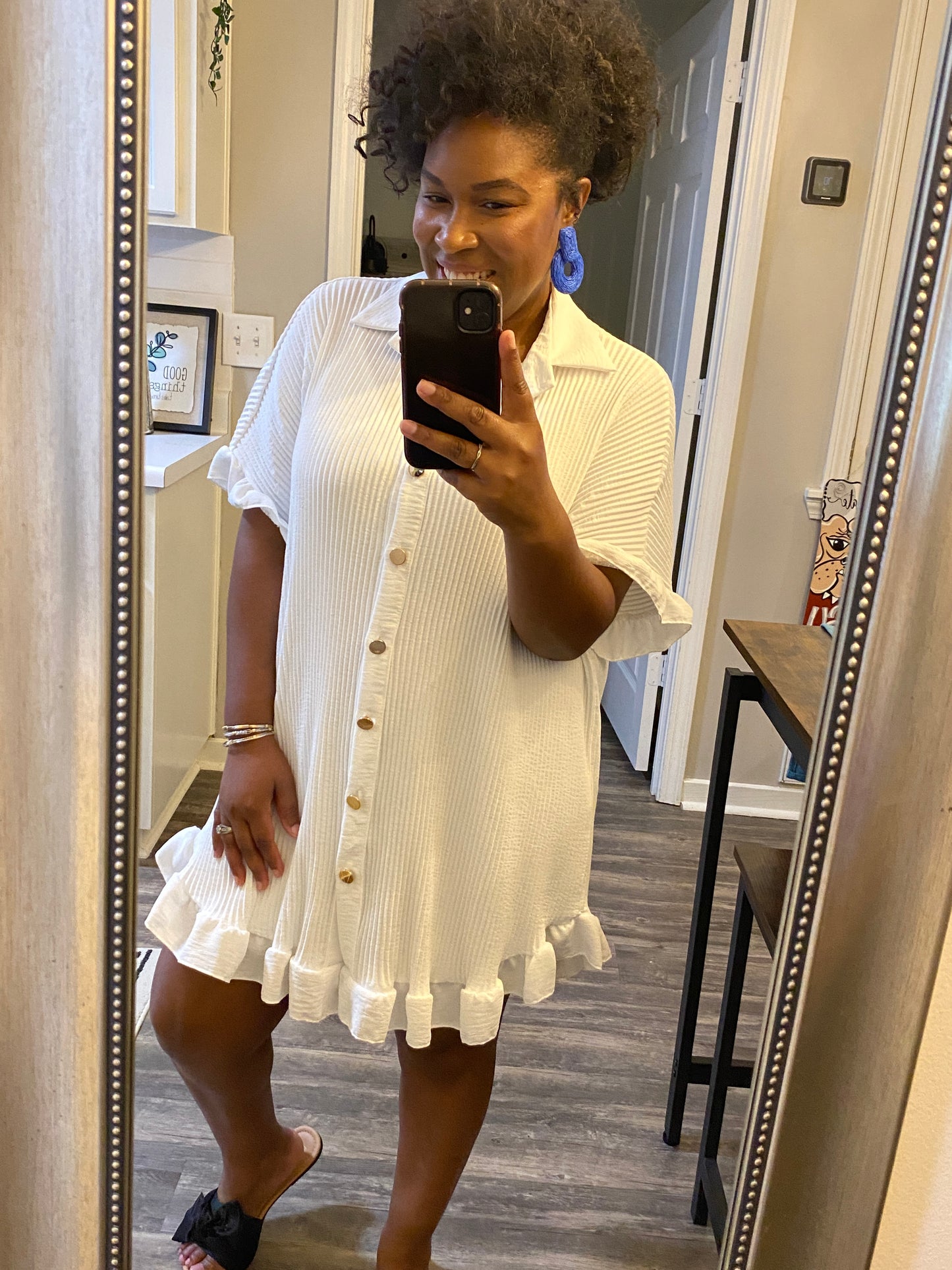 Ruffle Crinkle Dress - White