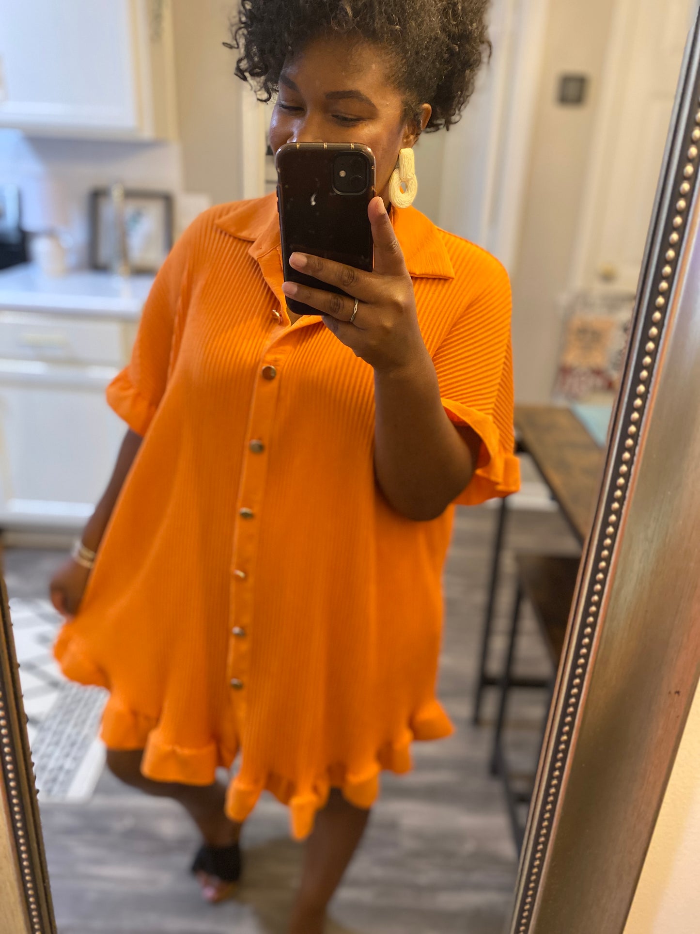 Ruffle Crinkle Dress - Orange