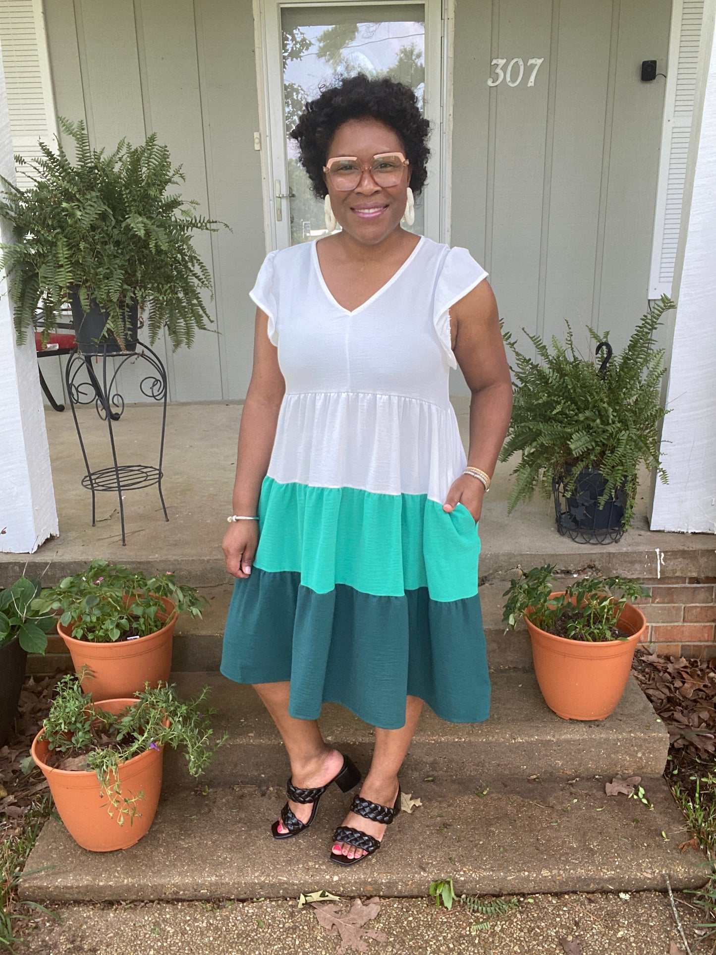 Ivory & Green Color Block Dress