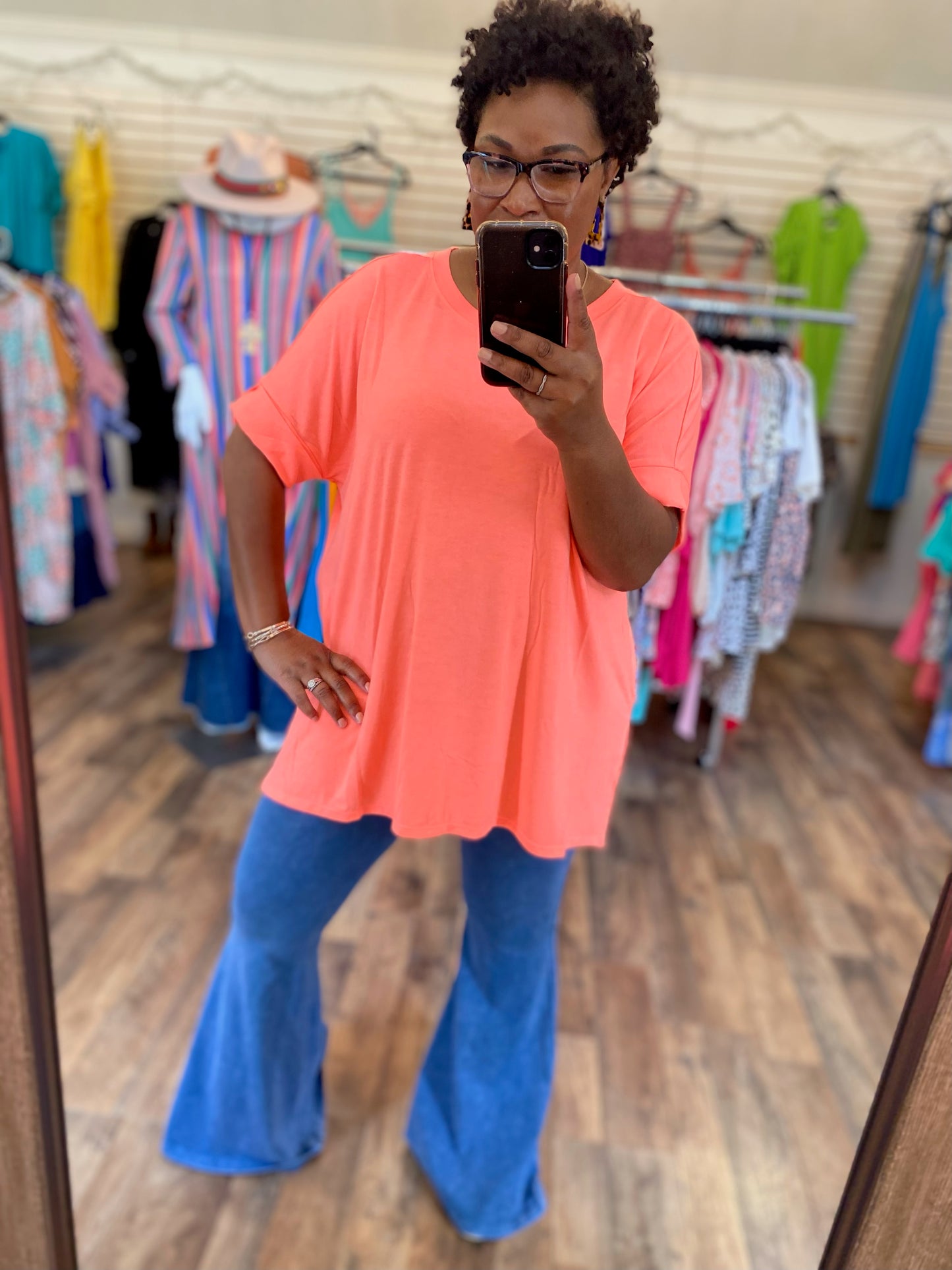 Coral Rolled Sleeve Top