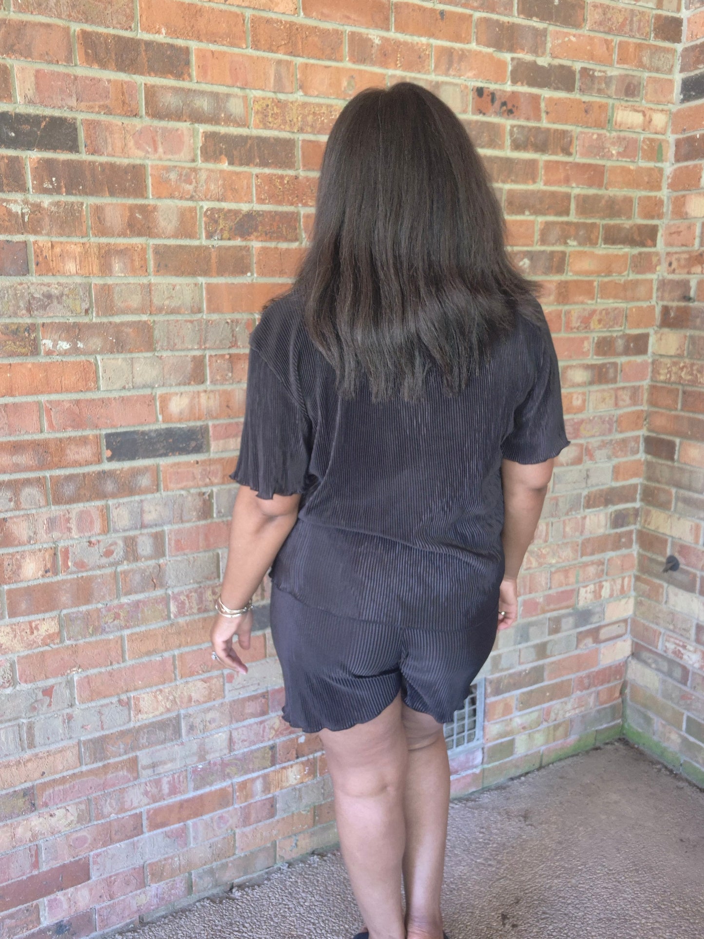 Trendy Crinkled Button-Up Short Sleeve Top and Shorts Set: BLACK