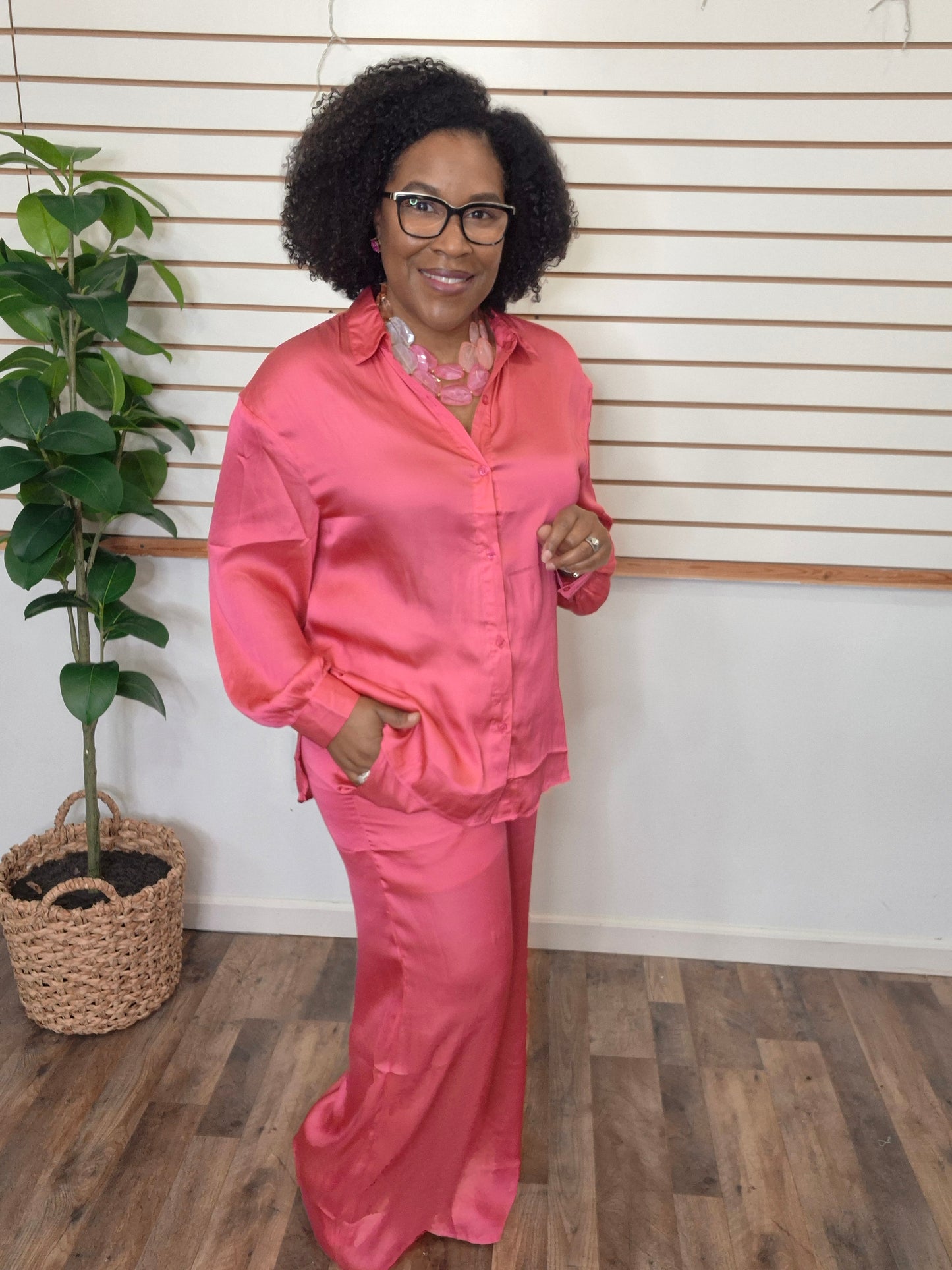 Pink Satin Pants Set