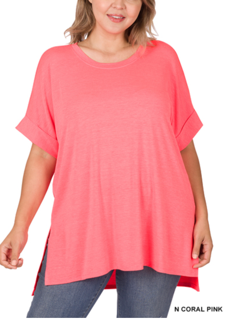 Coral Rolled Sleeve Top