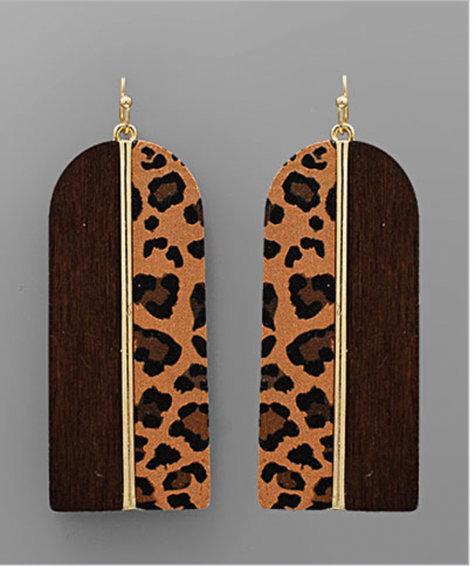 Arch Wood & Leopard Print Earrings - Brown