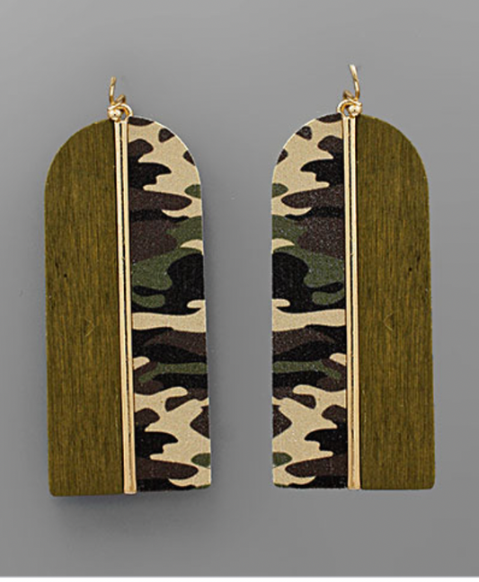Arch Wood & Leopard Print Earrings - Olive