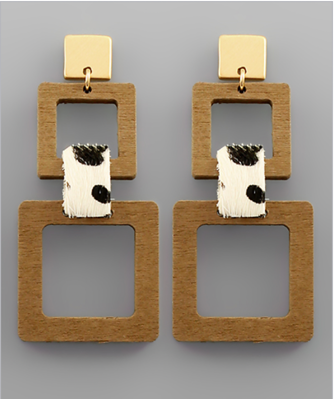 Wood 2 Square & Cheetah Leather Earrings