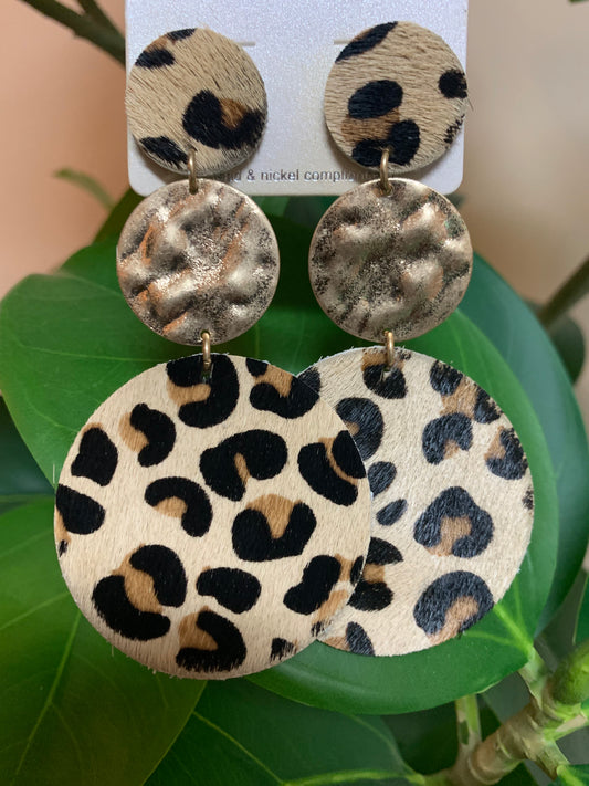 Leopard Disc Link Earrings Brown