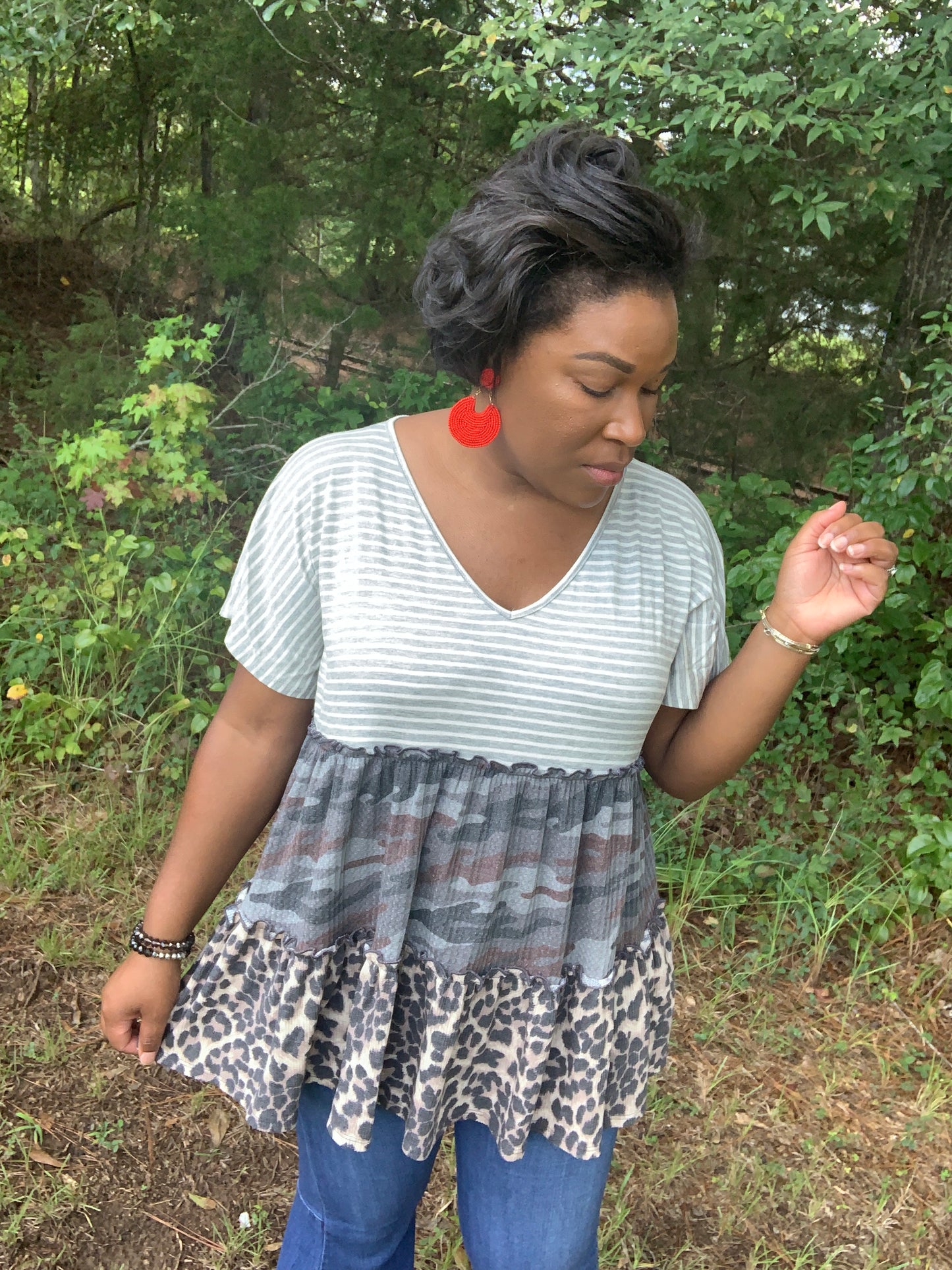 Camo Ruffle Stripe Leopard Top