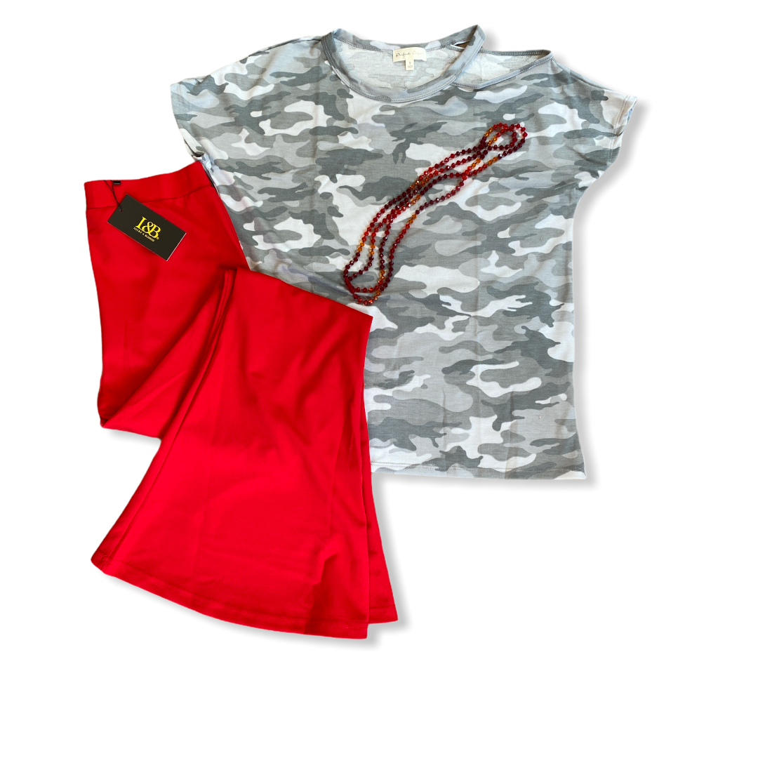 Camo Cold Shoulder Top