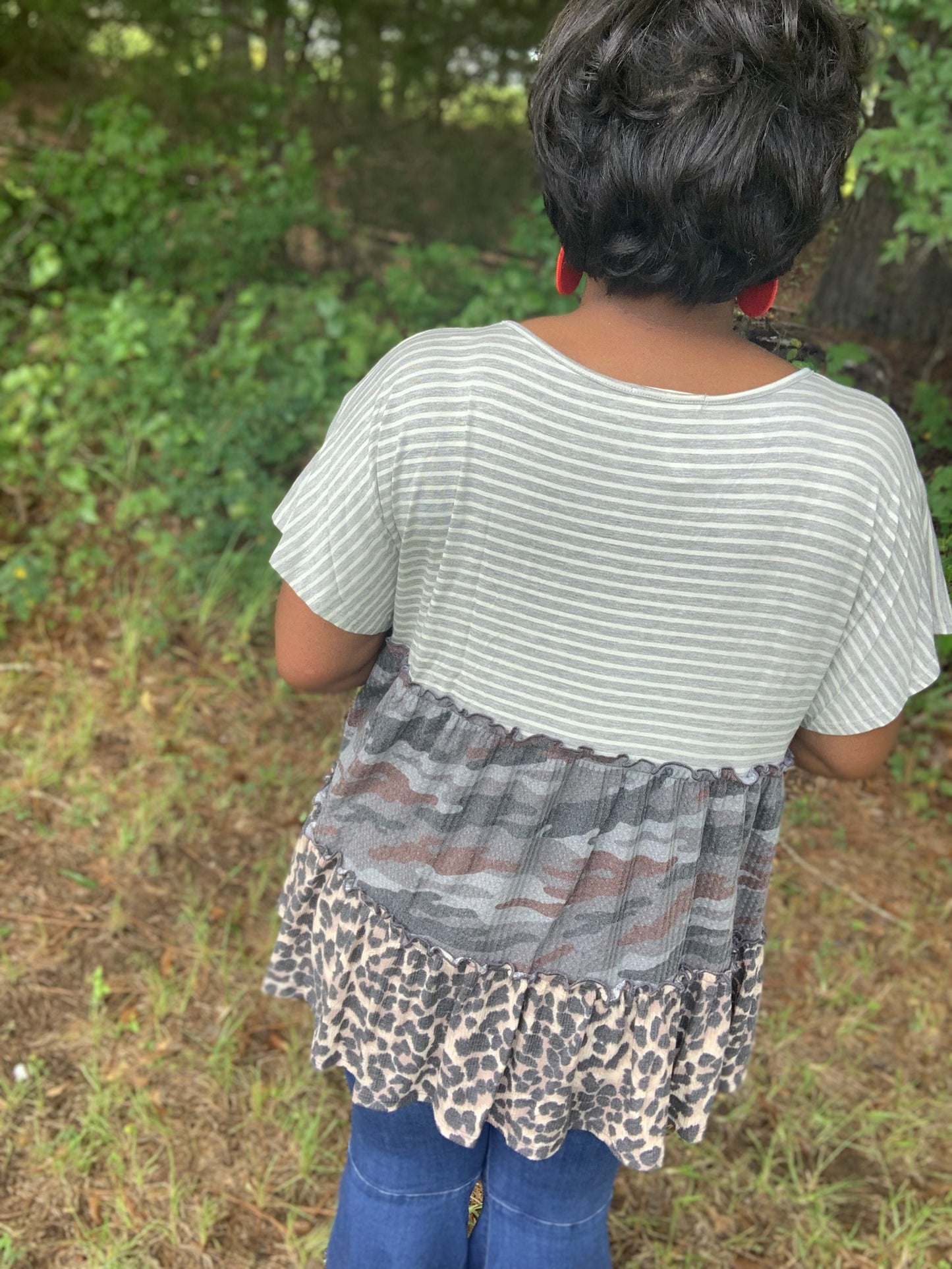 Camo Ruffle Stripe Leopard Top