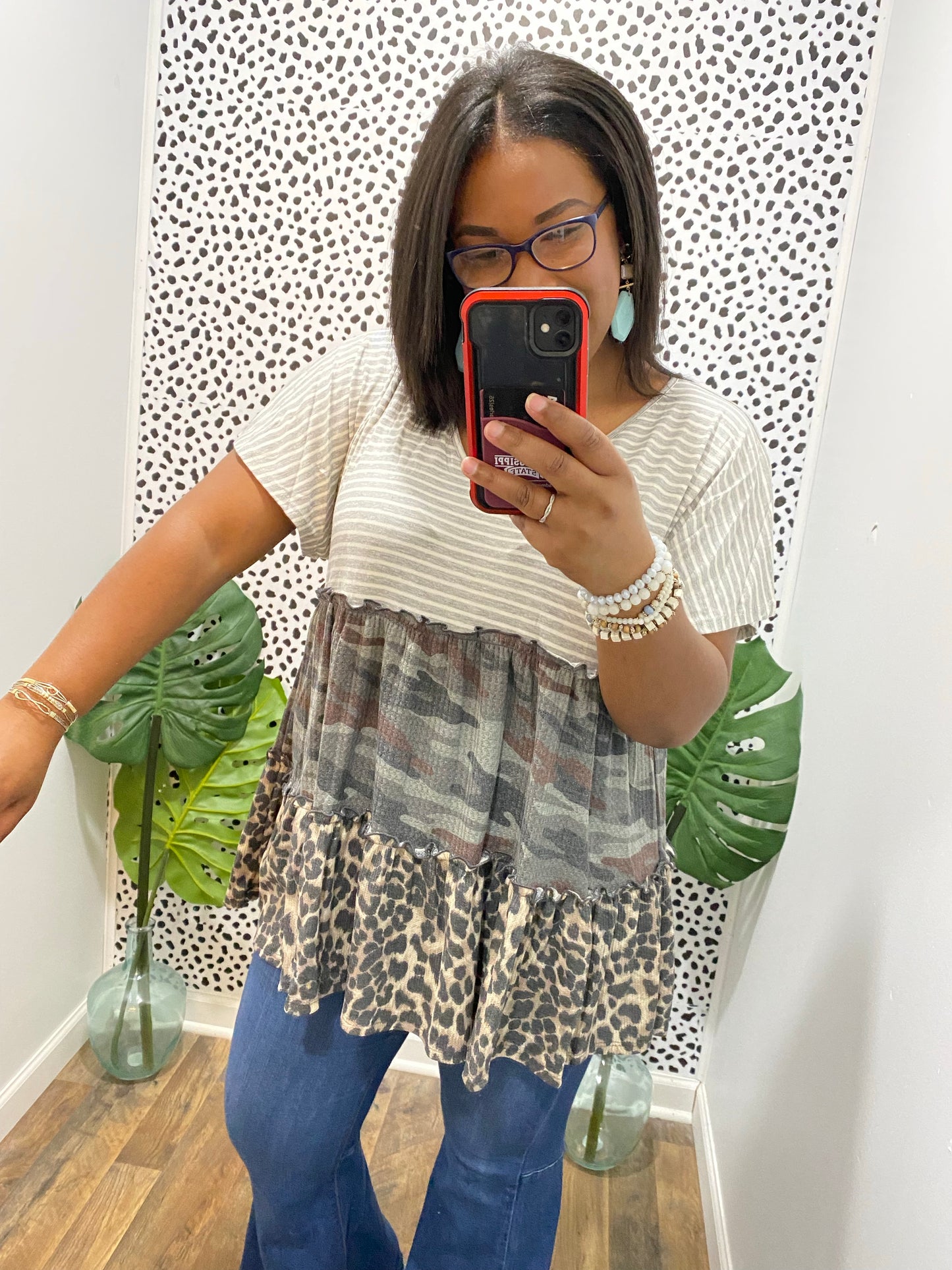 Camo Ruffle Stripe Leopard Top