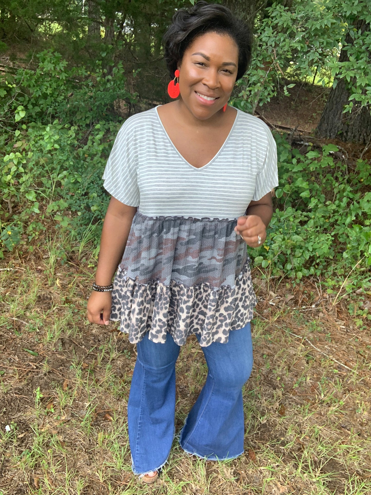 Camo Ruffle Stripe Leopard Top