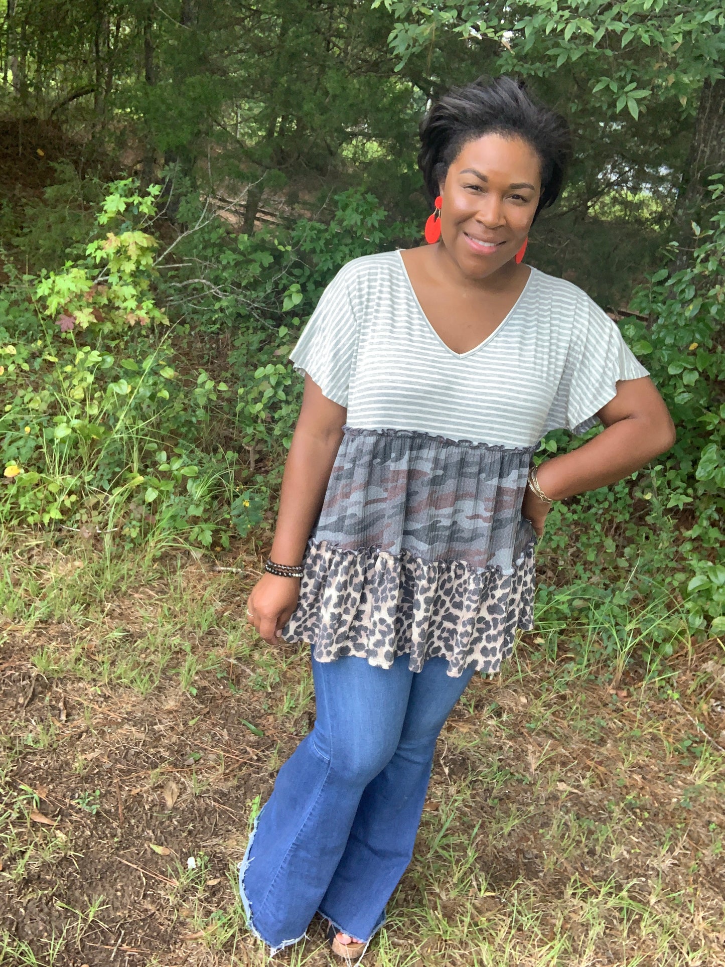 Camo Ruffle Stripe Leopard Top