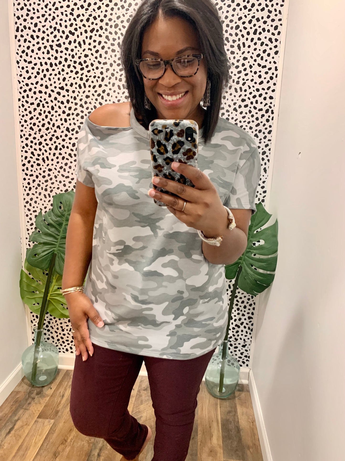 Camo Cold Shoulder Top