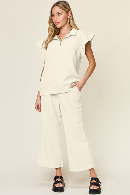 Textured Ruffle Sleeve Wide Leg Pants Set