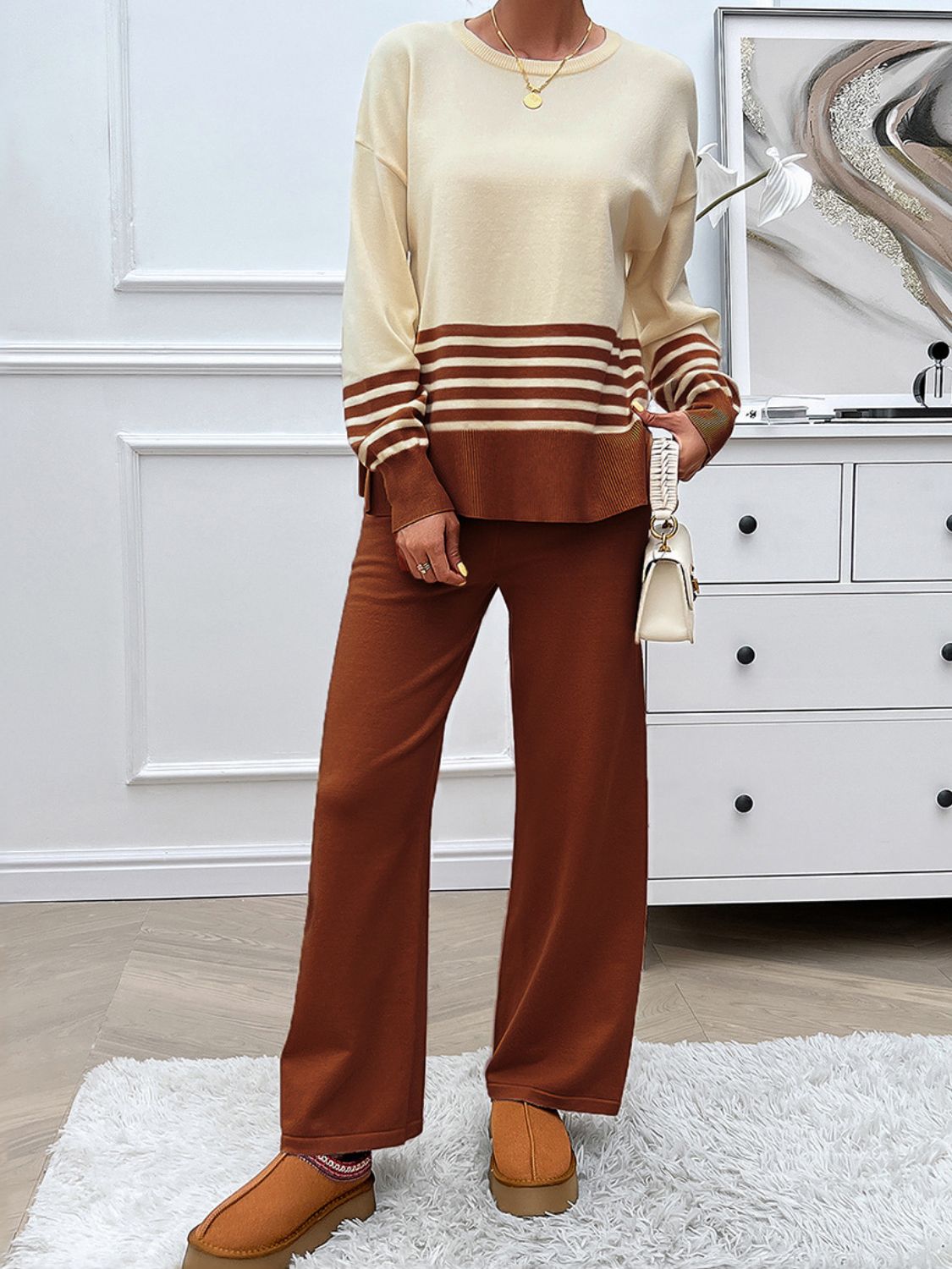Preorder: Slit Striped Round Neck Sweater Set