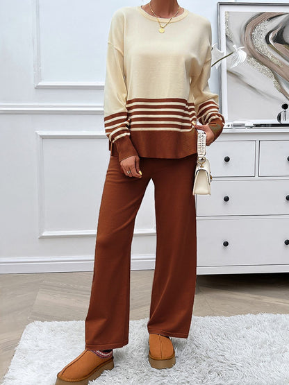 Preorder: Slit Striped Round Neck Sweater Set