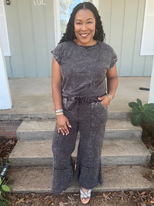 Black Acid Wash Flare Set
