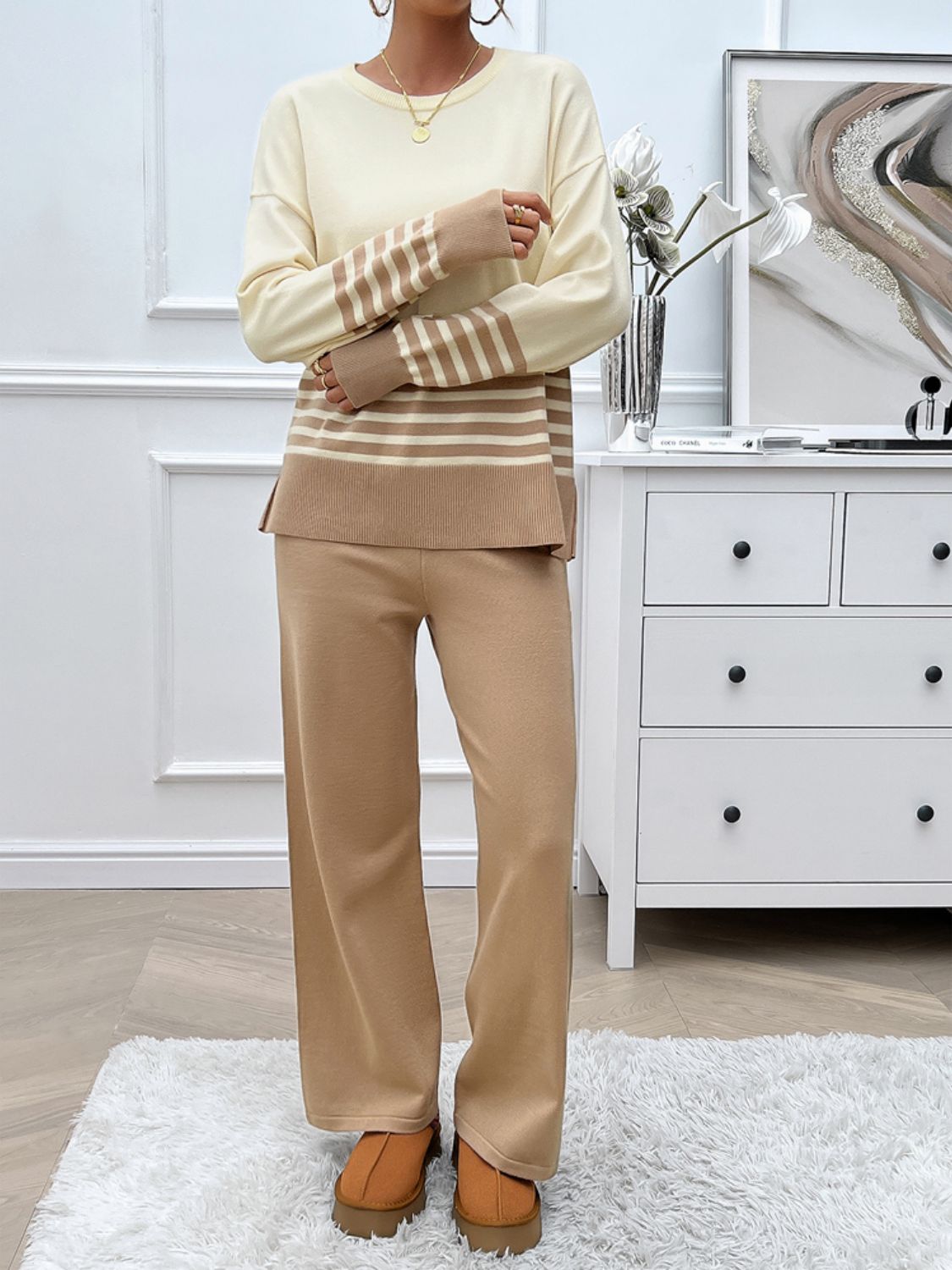 Preorder: Slit Striped Round Neck Sweater Set