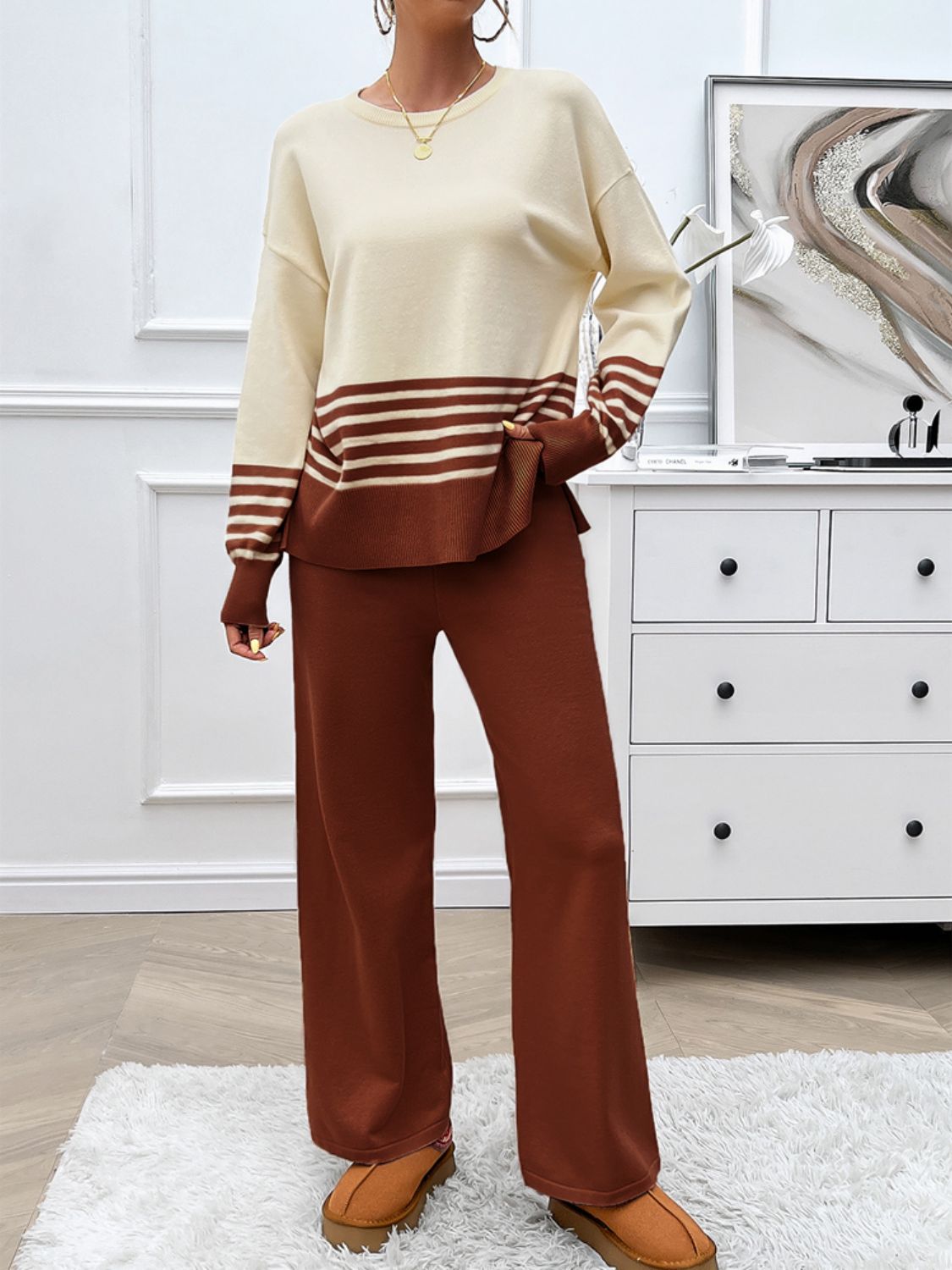 Preorder: Slit Striped Round Neck Sweater Set
