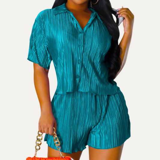 Trendy Crinkled Button-Up Short Sleeve Top and Shorts Set: PEACOCK BLUE