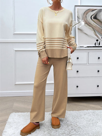 Preorder: Slit Striped Round Neck Sweater Set