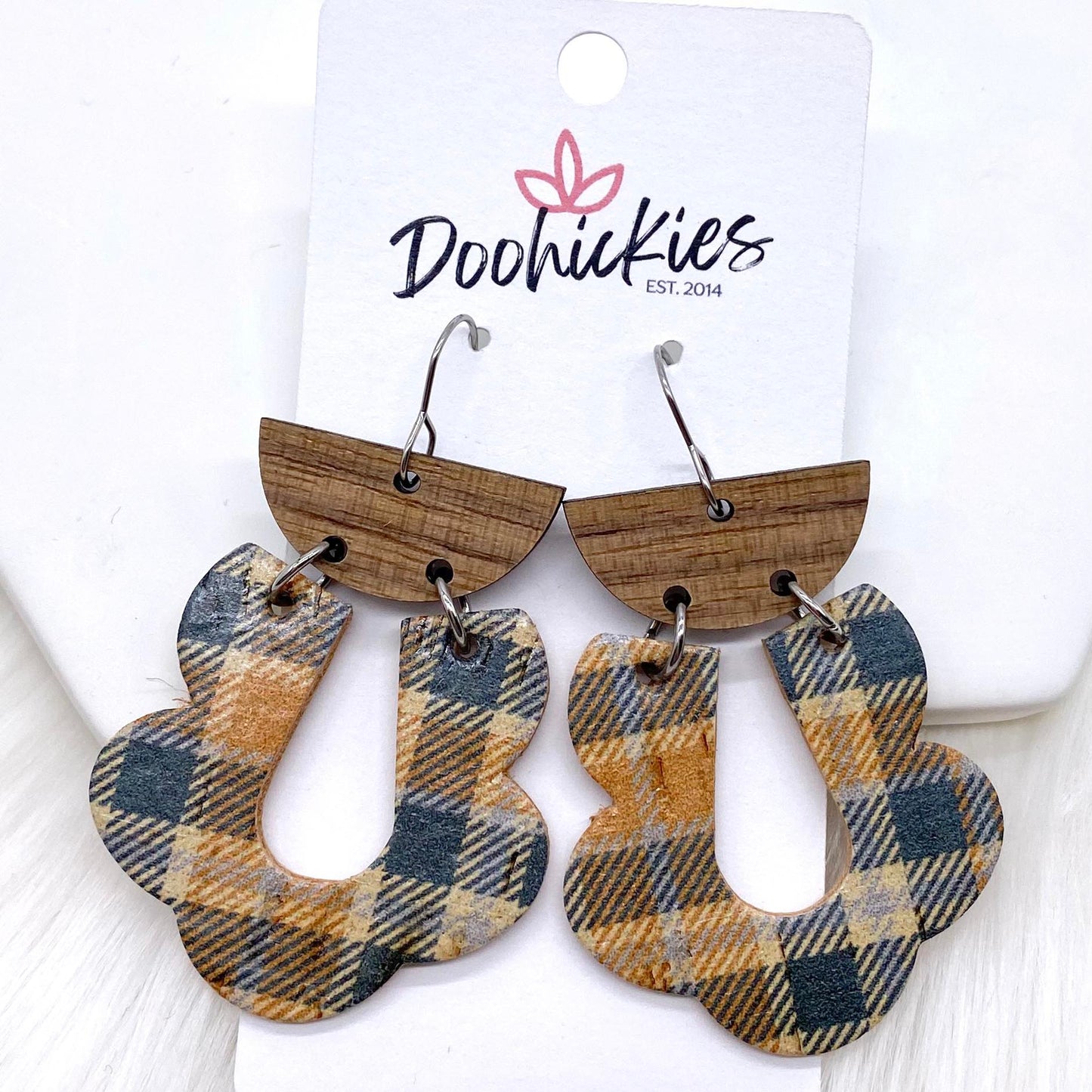 2.5" Walnut & Tartan Plaid Loopies- Fall Earrings