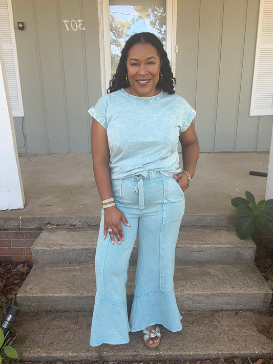 Teal Acid Wash Flare Set