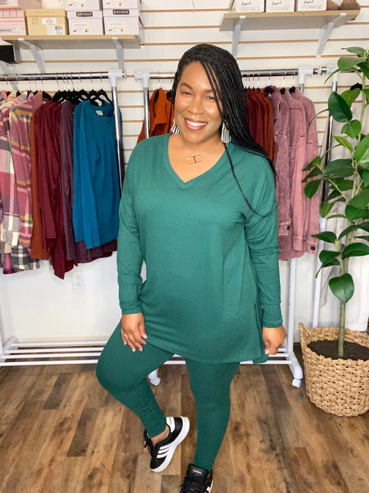 V-Neck Long Sleeve Dark Green Set