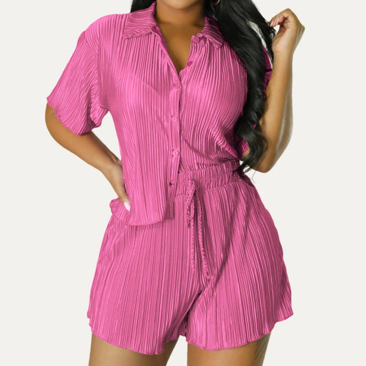 Trendy Crinkled Button-Up Short Sleeve Top and Shorts Set: ROSE PINK