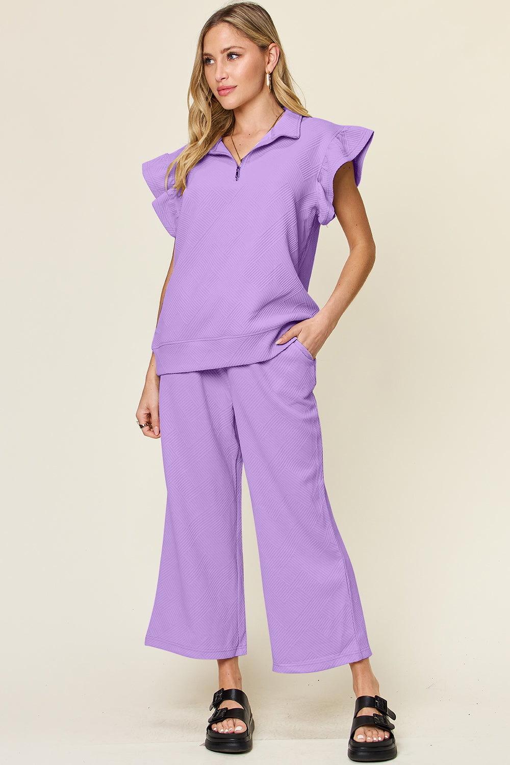 Textured Ruffle Sleeve Wide Leg Pants Set