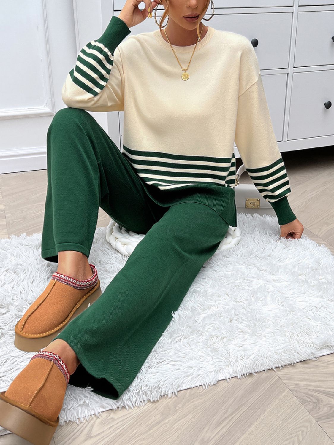 Preorder: Slit Striped Round Neck Sweater Set