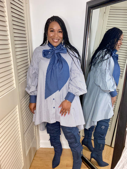 Stripe Denim Bow Tie Dress