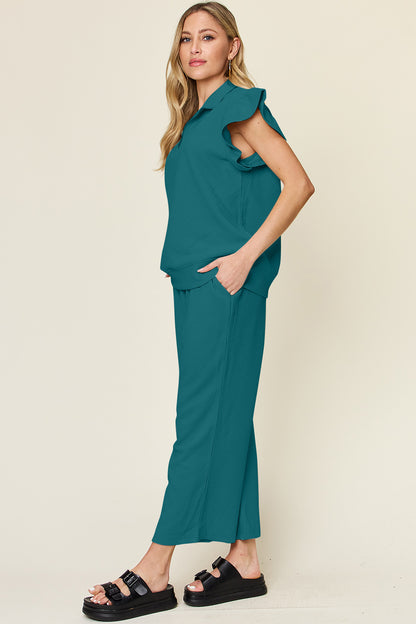 Textured Ruffle Sleeve Wide Leg Pants Set