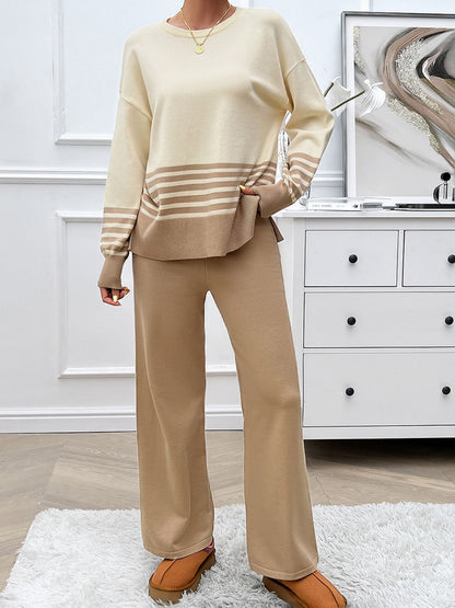 Preorder: Slit Striped Round Neck Sweater Set