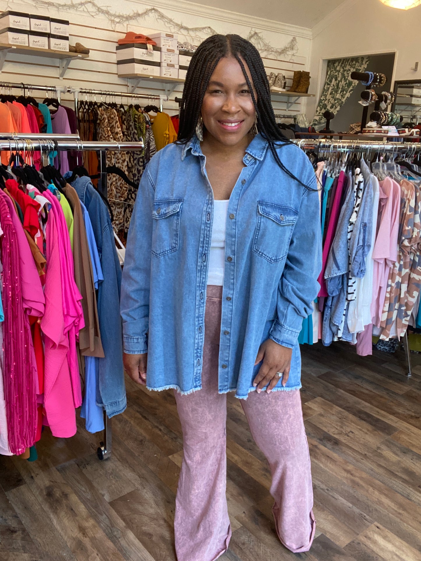 Button Down Denim Tunic Top