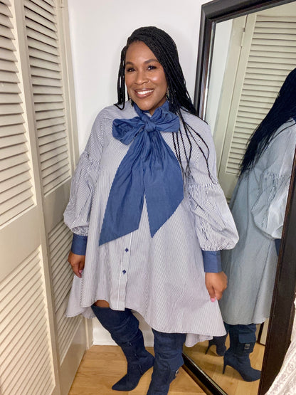 Stripe Denim Bow Tie Dress