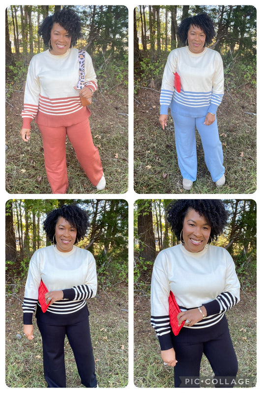 Preorder: Slit Striped Round Neck Sweater Set
