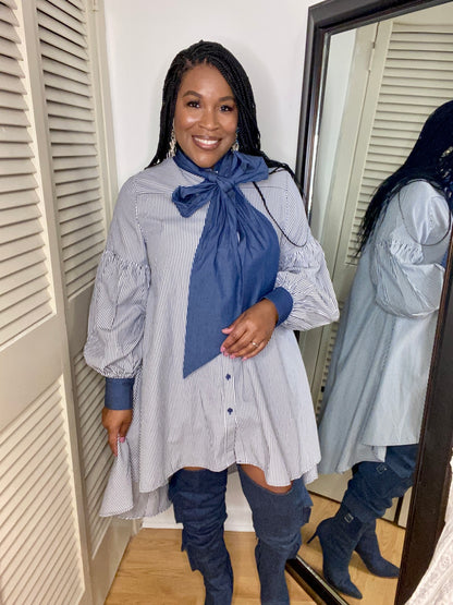 Stripe Denim Bow Tie Dress