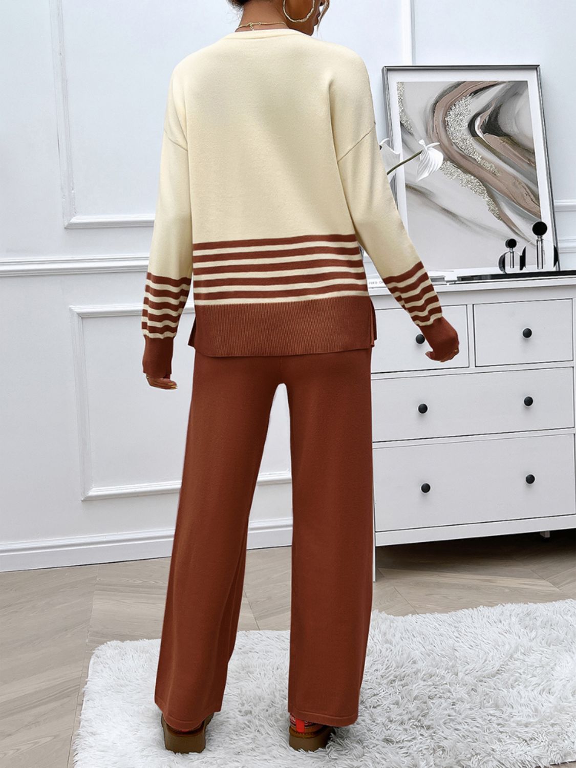Preorder: Slit Striped Round Neck Sweater Set